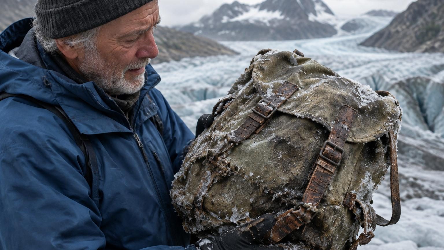 Un vieux sac à dos endommagé par le gel, aux sangles rigides et tissu décoloré, émergeant de la glace souillée d'un glacier alpin, symbole d'un objet préservé 63 ans par le froid glaciaire.