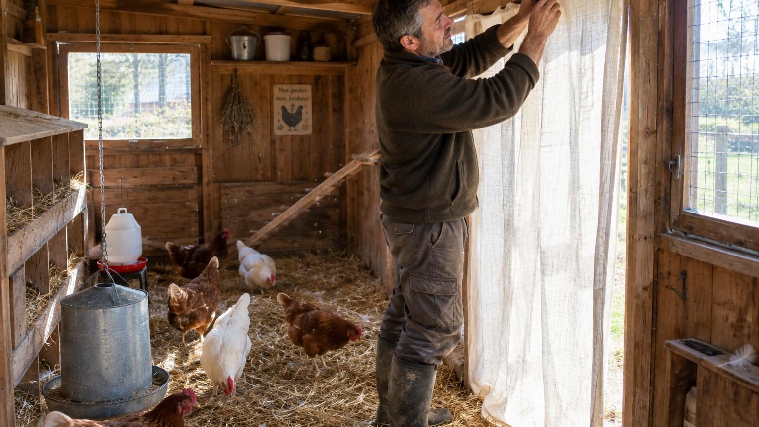 Il accroche un simple rideau dans son poulailler en avril : voici ce que ça change pour la santé de ses poules
