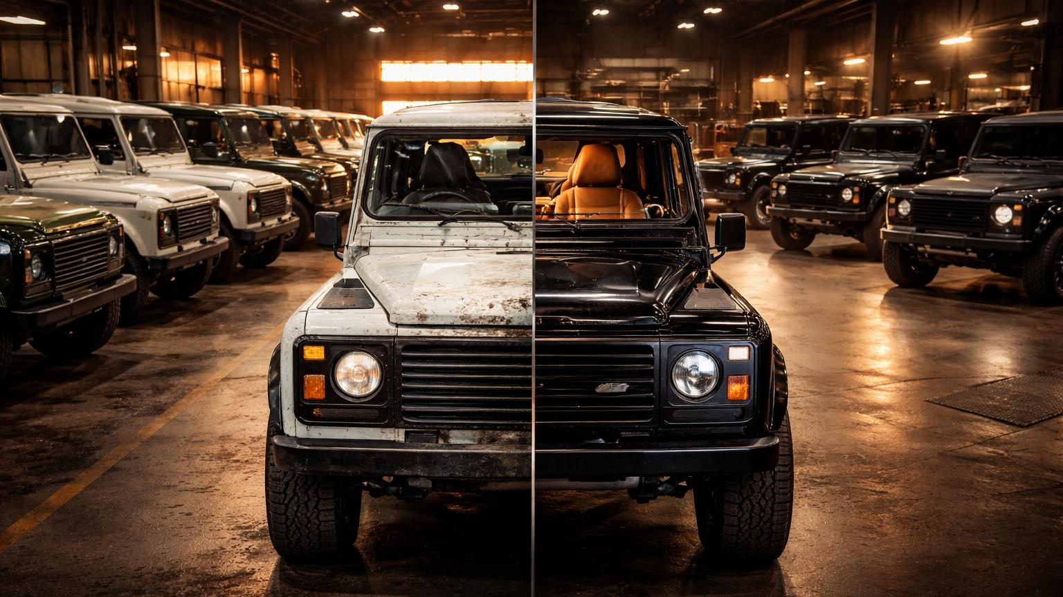 Un Land Rover Defender restauré et transformé de couleur claire, vue de trois quarts avant, dans un atelier ou showroom professionnel, illustrant l'excellence artisanale du « restomod » de luxe de Twisted Automotive.