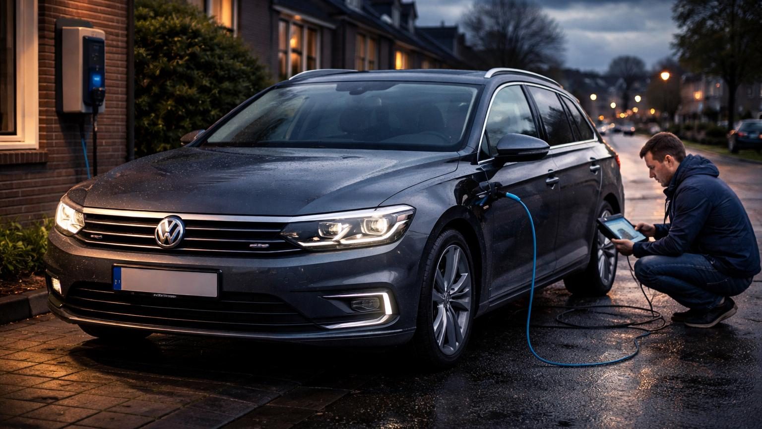 Volkswagen Passat Variant GTE break hybride rechargeable de couleur grise, vue de trois quarts avant, stationnée en extérieur avec 349 575 km au compteur