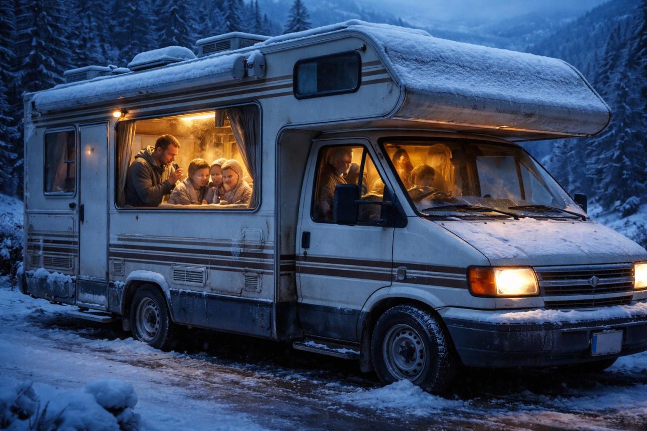 Thomas grelottant sous un sweat à l'intérieur d'un camping-car froid tandis que ses enfants en pyjama soufflent de la buée de respiration