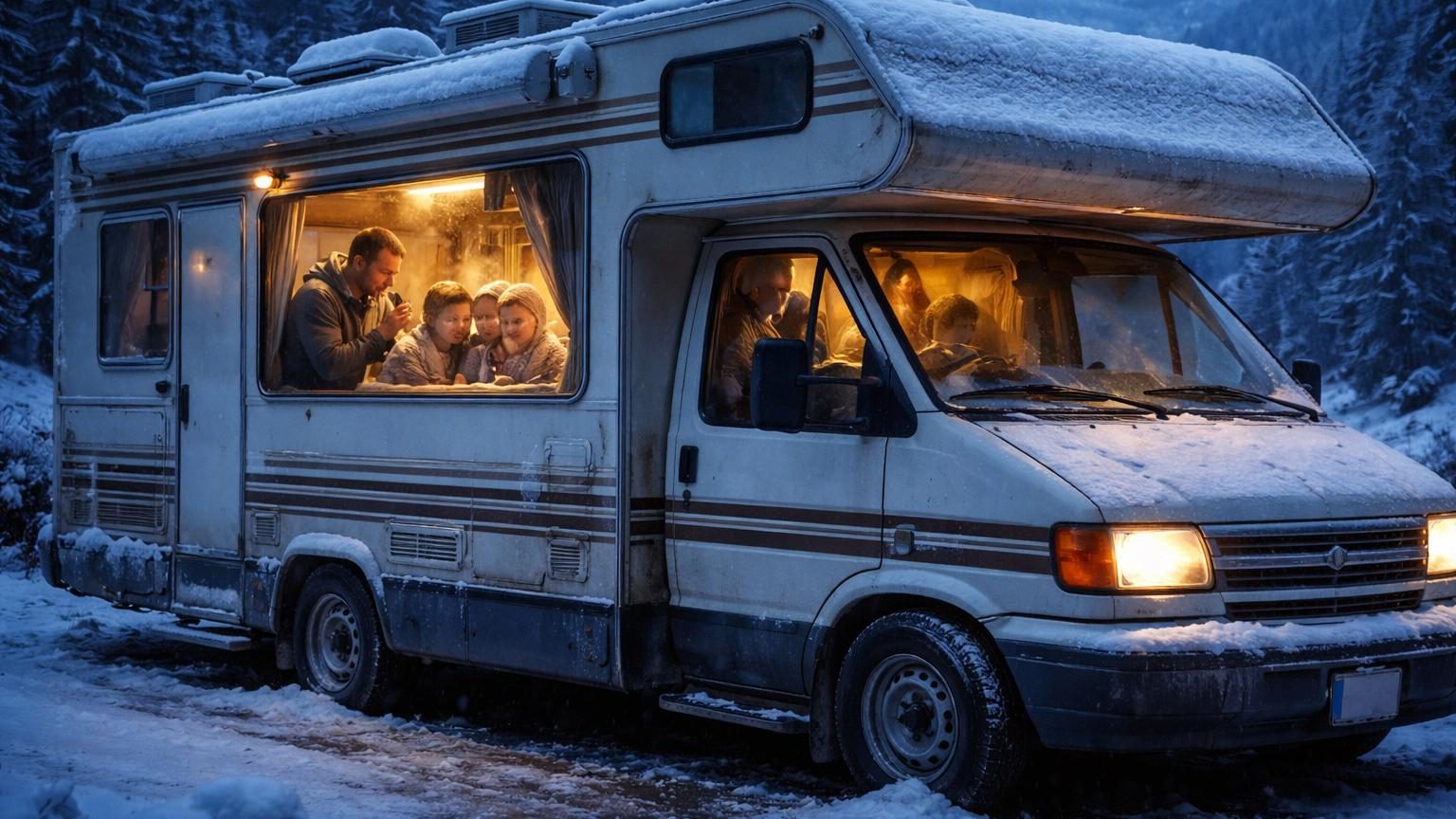 Thomas grelottant sous un sweat à l'intérieur d'un camping-car froid tandis que ses enfants en pyjama soufflent de la buée de respiration