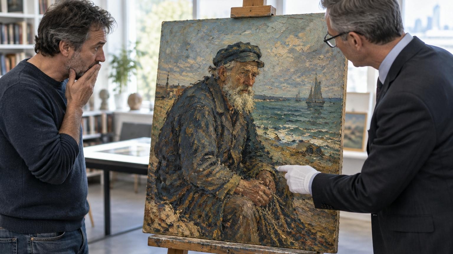 Tableau à l'huile représentant un pêcheur barbu aux cheveux roux, assis au bord de la mer en train de réparer un filet, avec des coups de pinceau épais caractéristiques du post-impressionnisme.