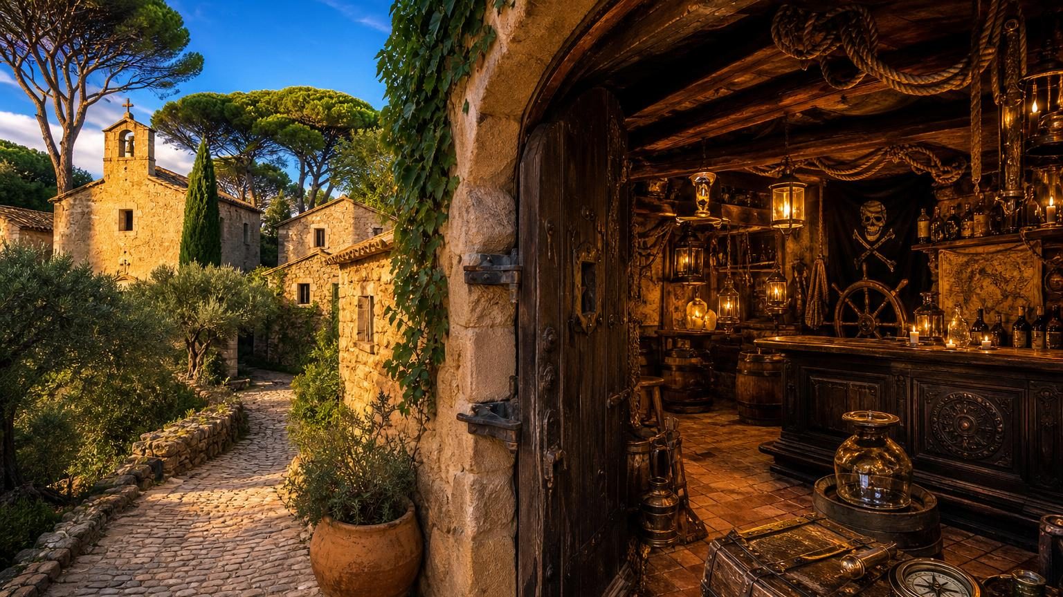 Un village provençal avec façades de couleur miel, ruelles étroites, chapelle traditionnelle et architecture méditerranéenne typique, implanté au milieu des oliviers.