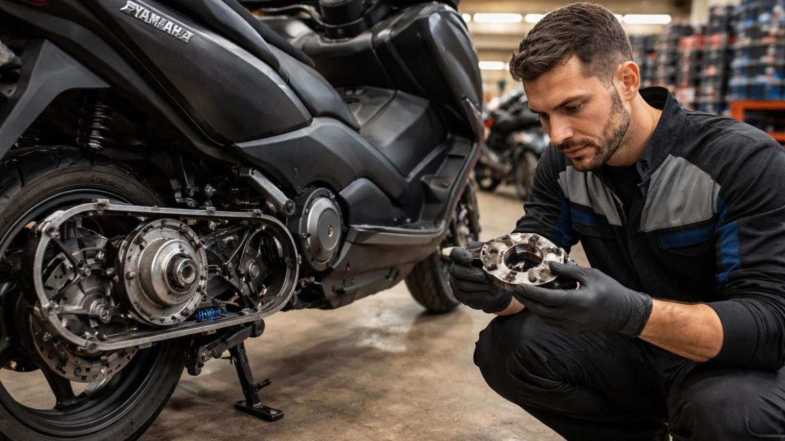 Mécanicien inspectant les dégâts sur la rampe du variateur d'un Yamaha TMAX 530 en atelier, montrant les marques d'usure causées par un montage incorrect.
