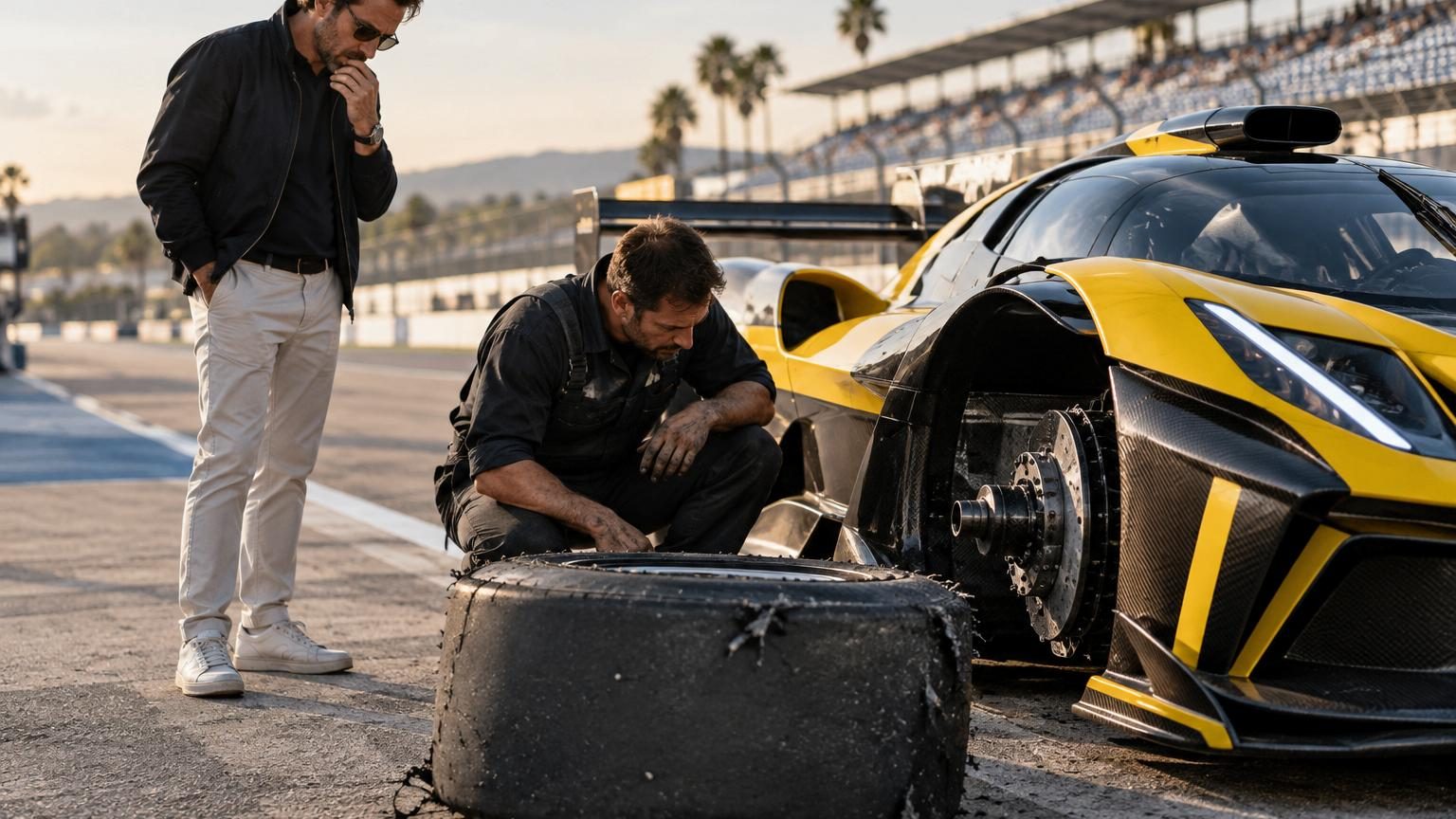 Gros plan sur un pneu slick noir de course automobile fixé à une roue, symbolisant l'usure rapide et les coûts élevés des pneumatiques de la Bugatti Bolide.