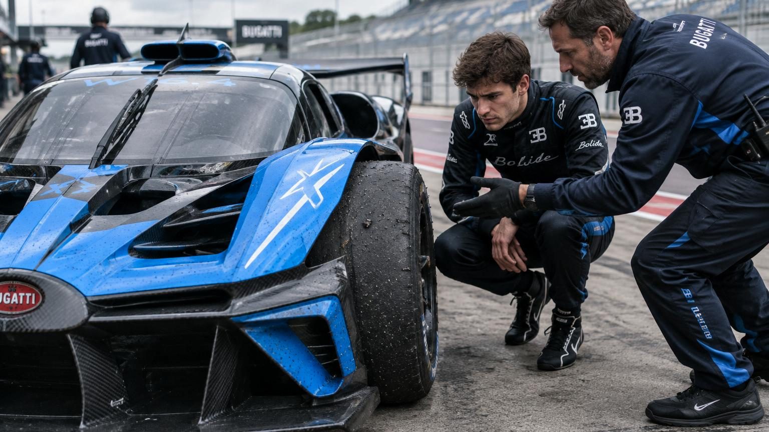 Bugatti Bolide bleue et noire garée bas au sol dans un garage, avec un design de prédateur aérodynamique inspiré des prototypes de compétition.
