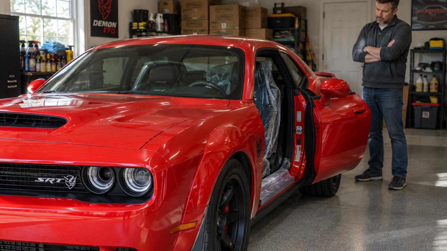 Dodge Challenger SRT Demon 170 rouge éclatant dans un garage climatisé sous housse de protection, kilométrage au compteur quasi intact, symbole de voiture-placement financier.