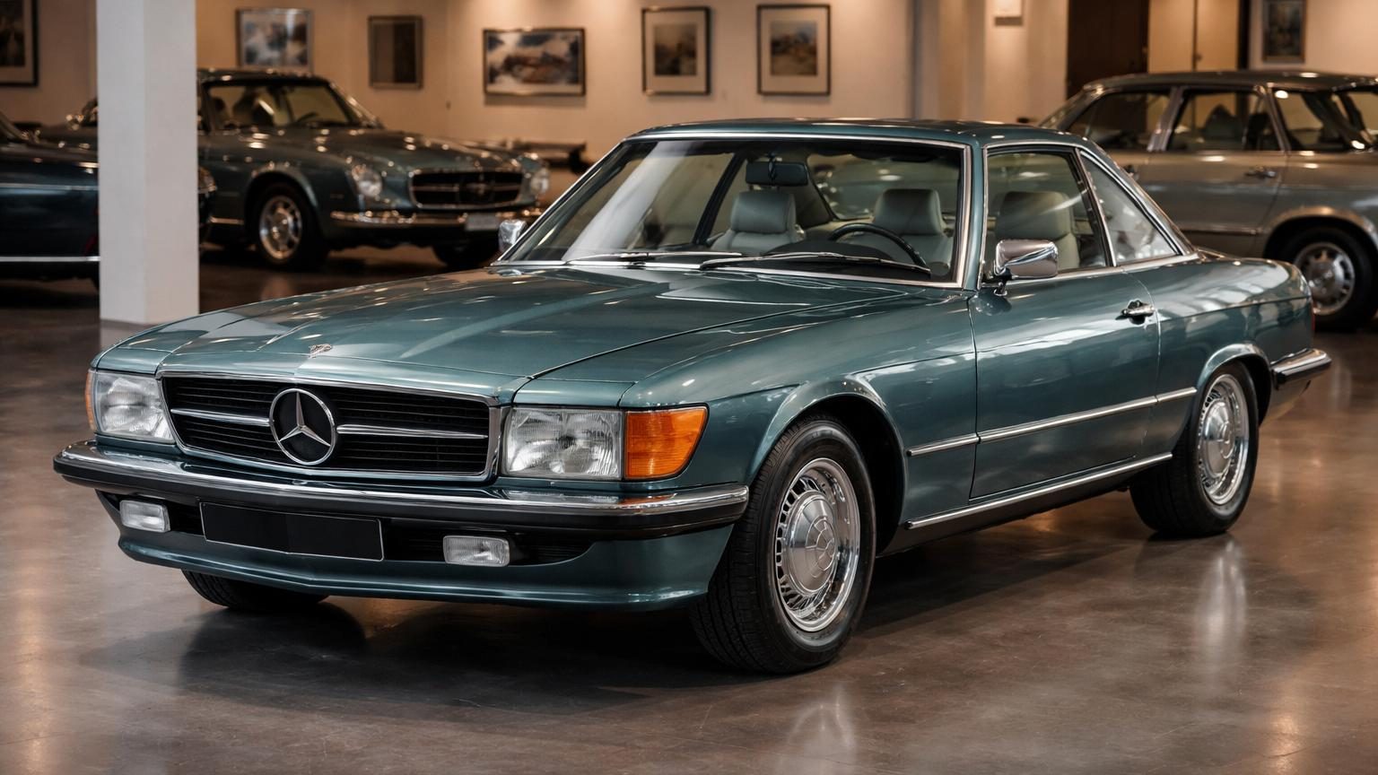 Une Mercedes 500 SL cabriolet bleu-vert de 1982, immaculée et préservée, stationnée dans un garage de collection climatisé au Royaume-Uni, avec son toit rigide et ses détails d'origine intacts.