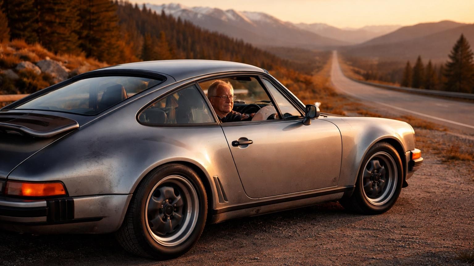 Porsche 911 Turbo 930 rouge de 1976, conduite par un homme de 85 ans sur une route nord-américaine, avec un compteur kilométrique dépassant 1,2 million de kilomètres.