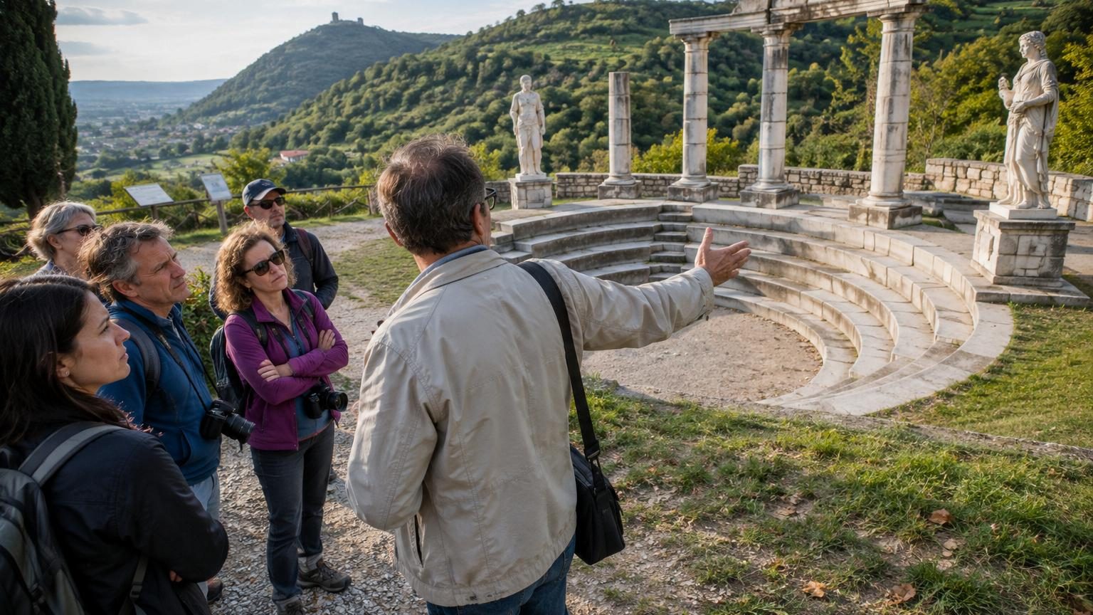 Vue aérienne d'un vaste théâtre à ciel ouvert avec gradins en pierre, colonnes blanches et statues, construit frauduleusement pour imiter un amphithéâtre grec antique en Italie du Nord.