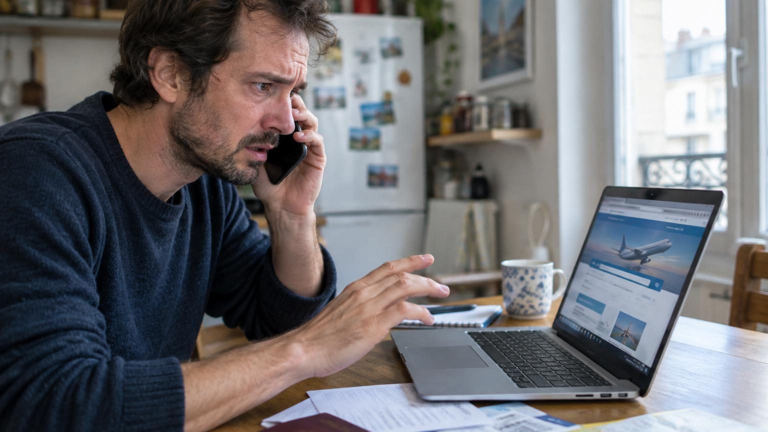 Homme stressé devant son téléphone, entouré d'une barre de recherche Google avec un faux site de compagnie aérienne en haut des résultats