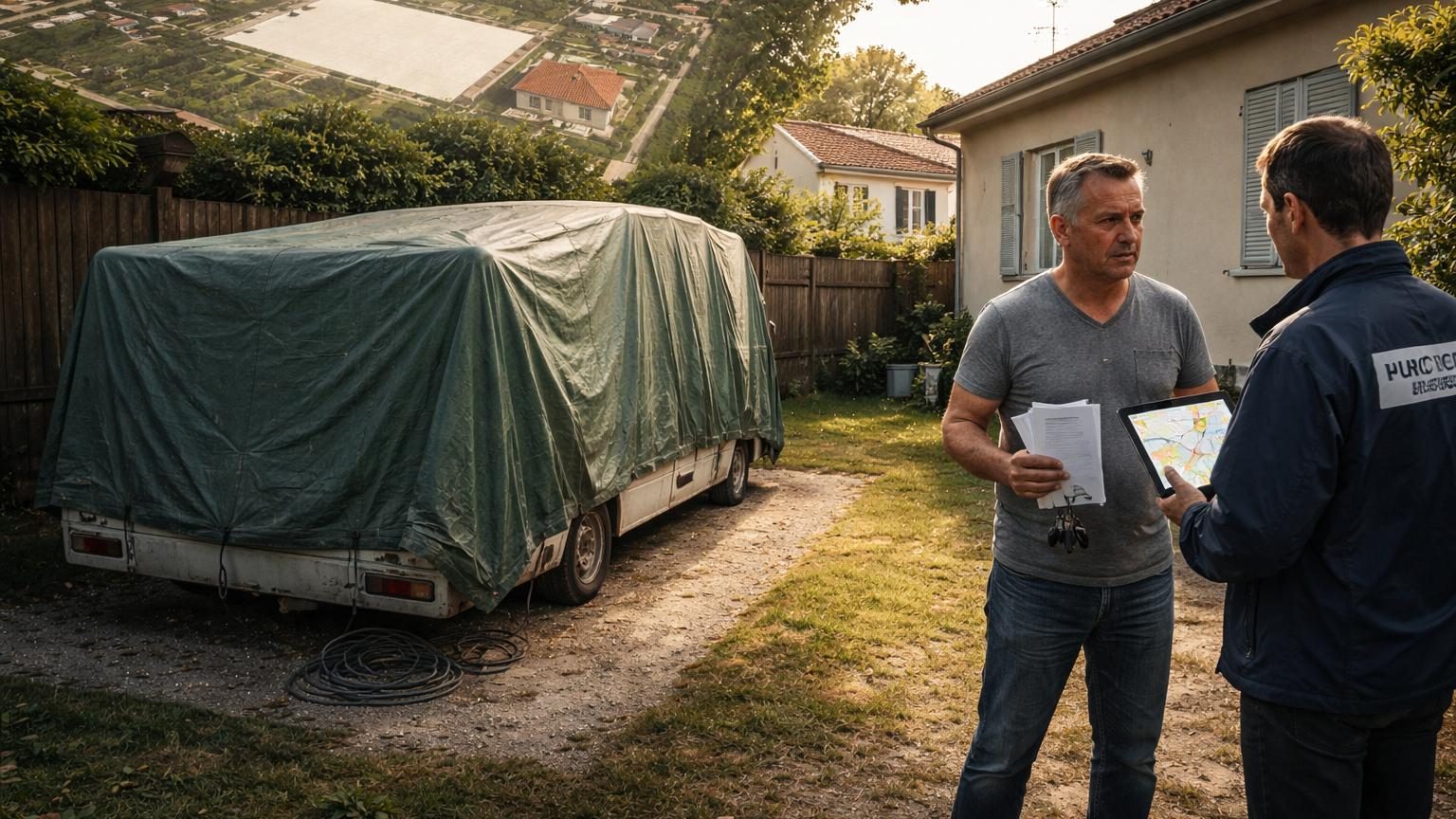 Un camping-car blanc recouvert d'une bâche verte dans un jardin résidentiel, symbole de l'oubli administratif qui peut créer des complications légales et bloquer une vente immobilière.
