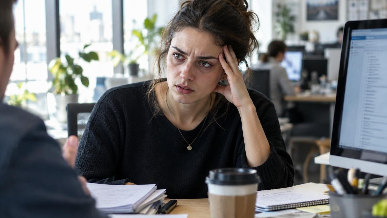 Portrait d'une femme avec expression fatiguée et irritée, yeux cernés, fond gris troublant, symbolisant la transformation de personnalité due au manque de sommeil
