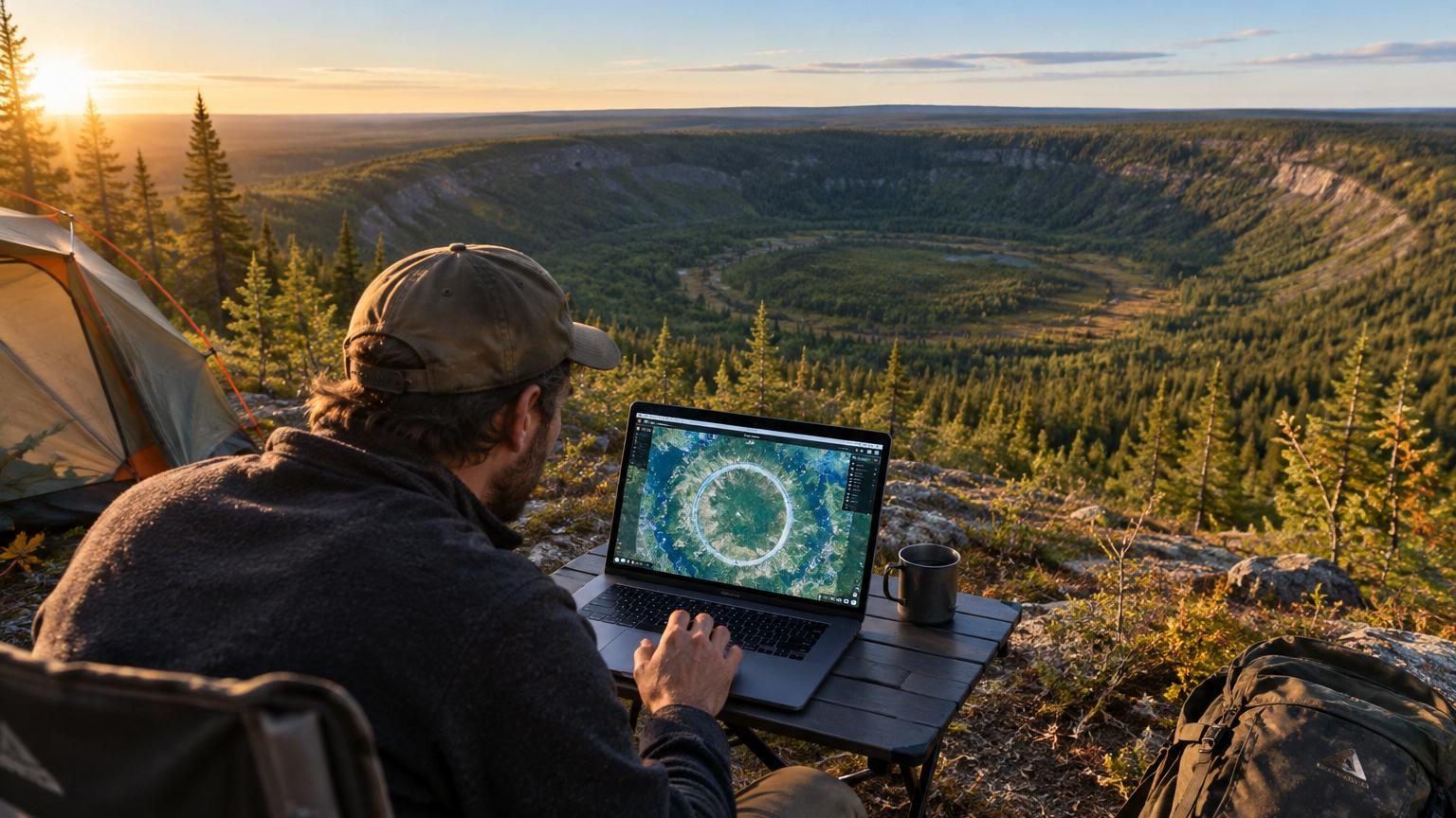 Carte satellite aérienne montrant une dépression circulaire de 25 km de diamètre dans la région isolée de la Côte-Nord, Québec, marquant le cratère d'impact Uhackatik entouré de forêt dense.