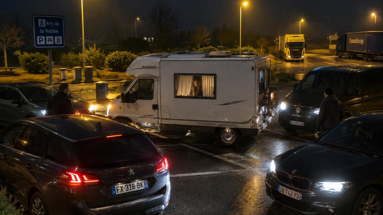 Il choisit une aire de repos presque vide pour dormir avec son camping-car : vers 2 heures du matin, plusieurs véhicules arrivent simultanément