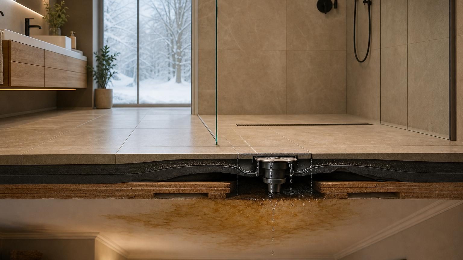 Coupe transversale d'une salle de bains montrant une douche à l'italienne avec le carrelage visible et, en dessous, la membrane d'étanchéité et la bonde, avec une auréole d'humidité au plafond de la pièce inférieure.