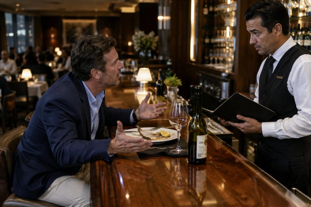 Il commande le bar en suggestion du jour : à l'arrivée de l'addition, il reproche au serveur de ne jamais avoir annoncé le prix