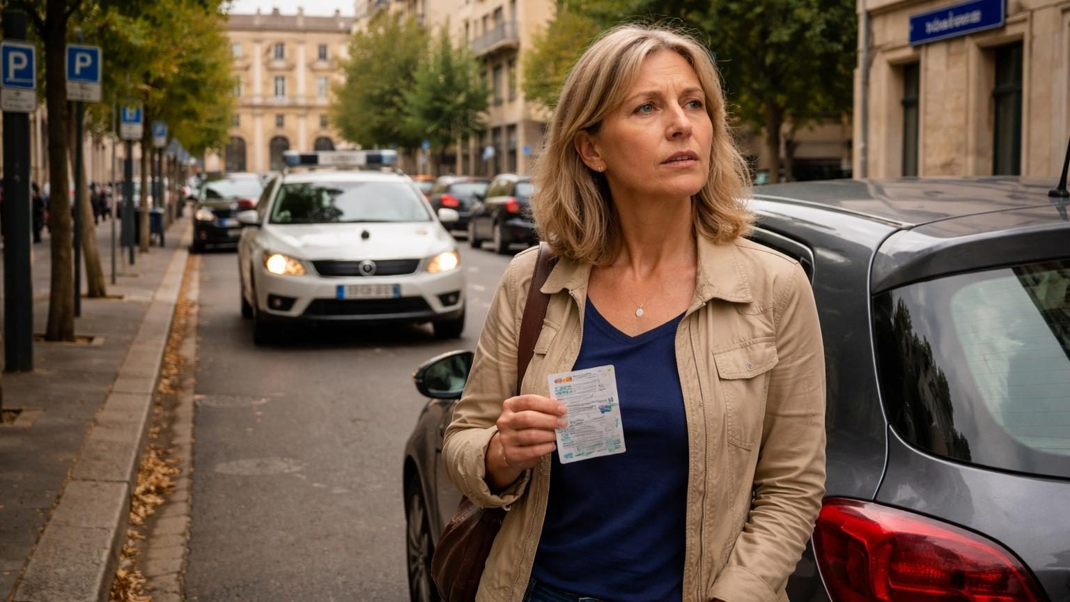 Une voiture en infraction garée dans une rue avec des horodateurs et panneaux de stationnement payant à Villeurbanne, illustrant un litige administratif sur la signalisation insuffisante.