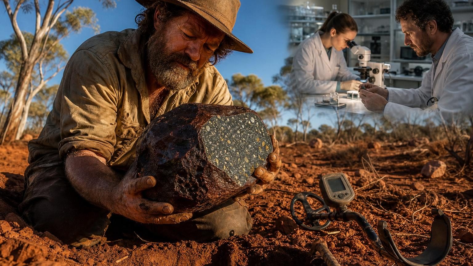 Fragment rocheux brunâtre de 17 kilos avec une croûte de fusion sombre et des traces d'impact, reposant sur un lit de terre rouge australienne