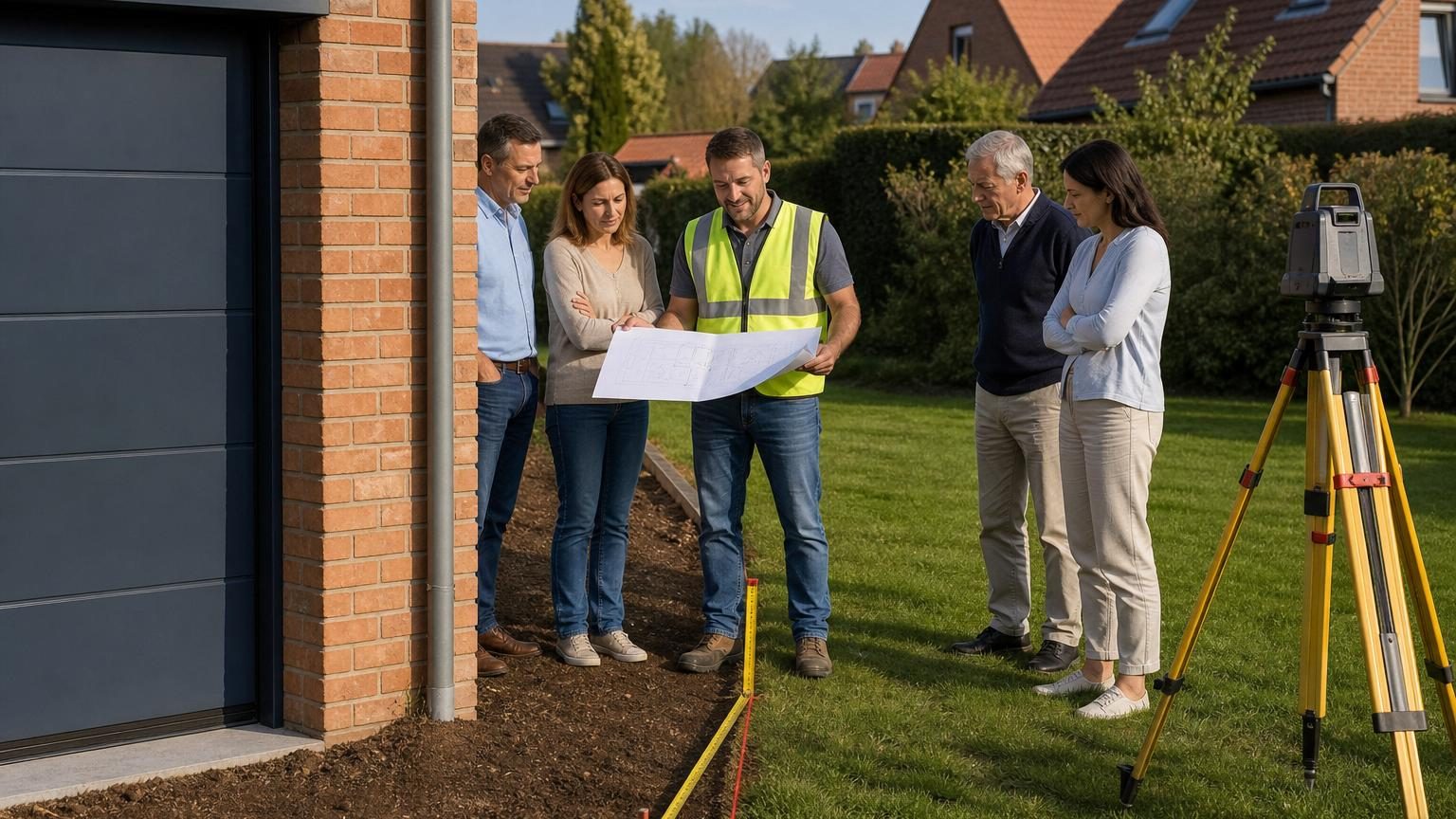 Deux maisons mitoyennes avec un garage partiellement empiétant sur le terrain voisin, avec un géomètre mesurant la limite précise entre les deux propriétés
