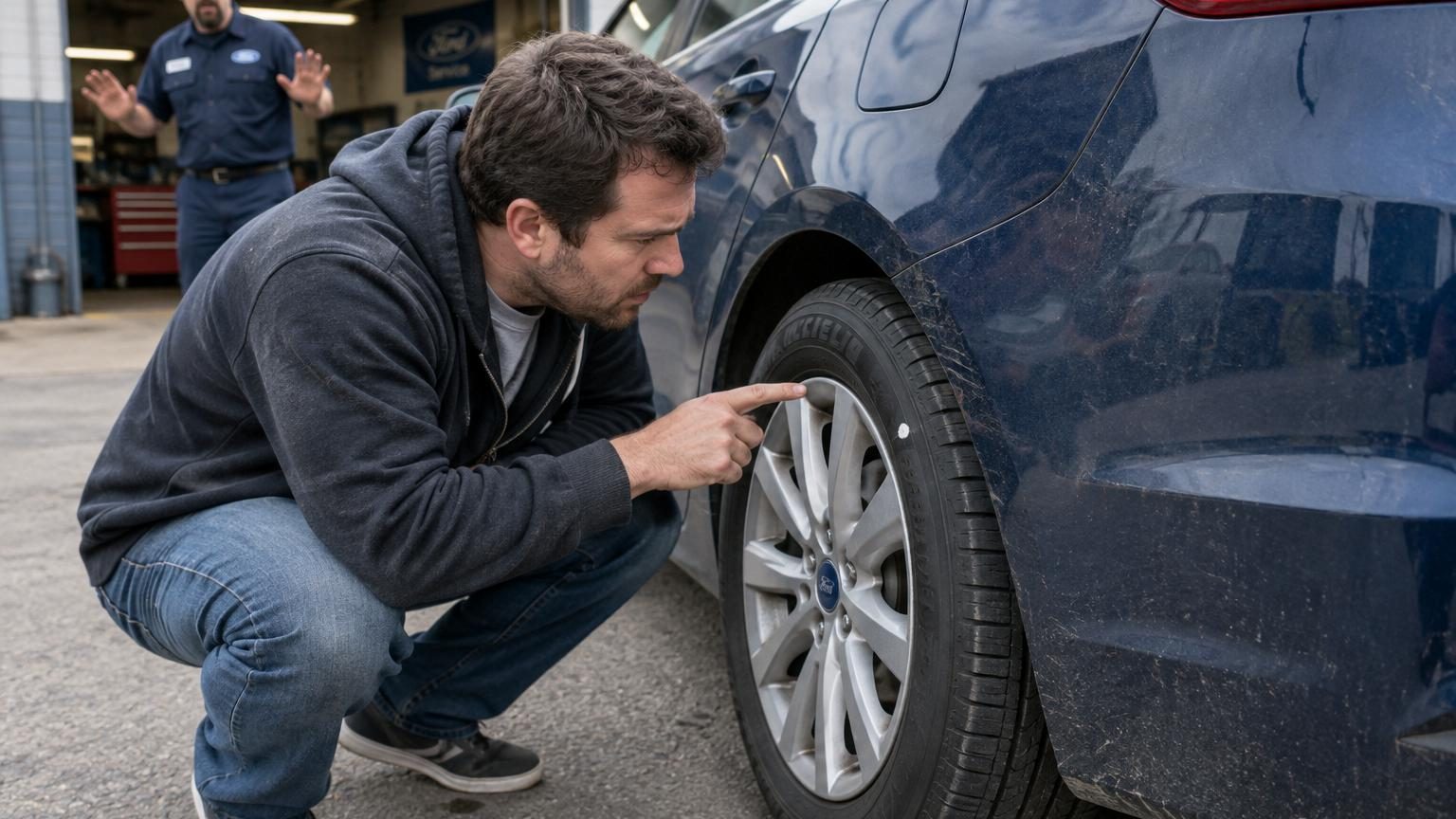 Gros plan sur un pneu de voiture avec un point blanc de correcteur marqué discrètement sur le flanc pour vérifier la rotation effectuée par le mécanicien