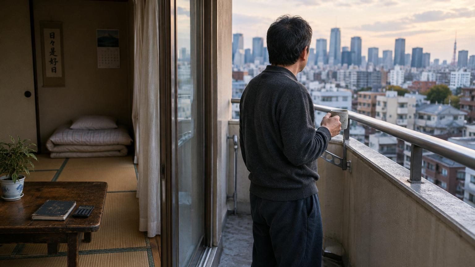 Un homme asiatique d'environ 45 ans dans un petit appartement minimaliste aux murs nus, assis par terre avec des enveloppes numérotées et des billets, symbolisant deux décennies d'épargne intense pour financer sa retraite précoce.