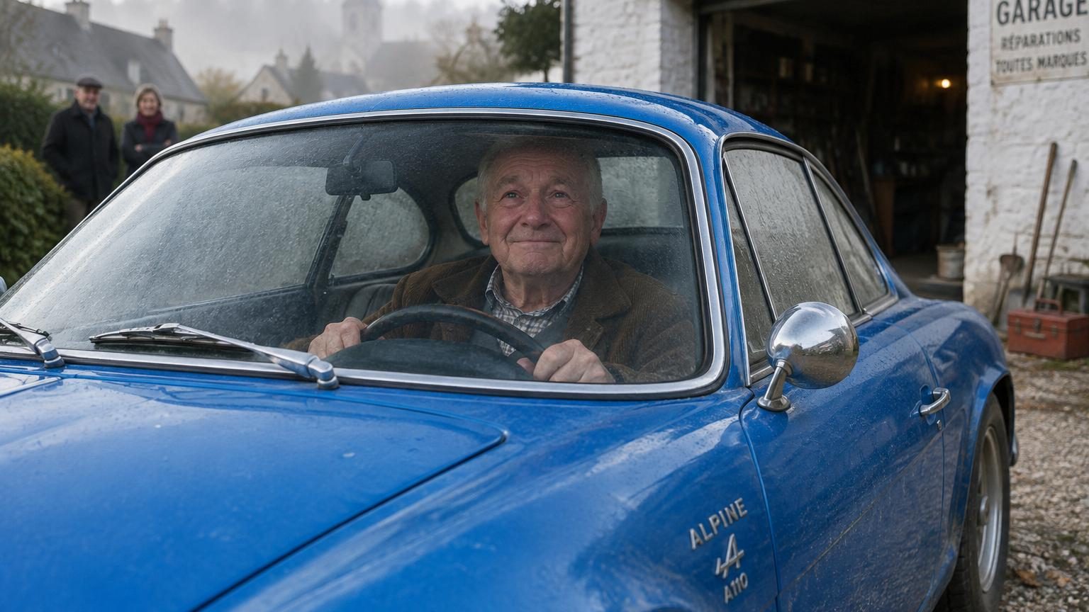 Jean-Louis, 75 ans, en velours élimé, tourne la clé de son Alpine bleu azur devant son garage aux murs blanchis à la chaux, avec des voisins rassemblés autour.