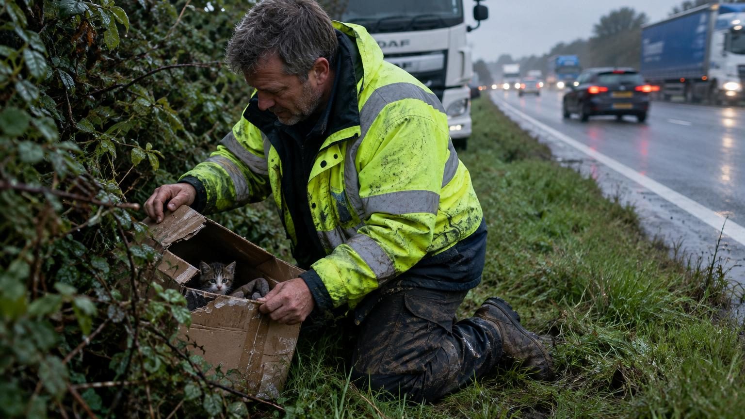 Il entend de « petits cris désespérés » par la fenêtre de son camion : dans les buissons, un carton abandonné au bord de la route