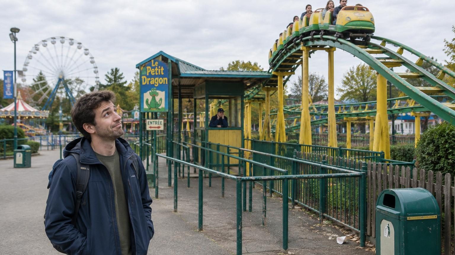 Un homme avec un casque jaune sur le grand huit Goudurix du Parc Astérix, ballotté latéralement sur les rails en boucle, montrant l'aspect physiquement intense de l'attraction.