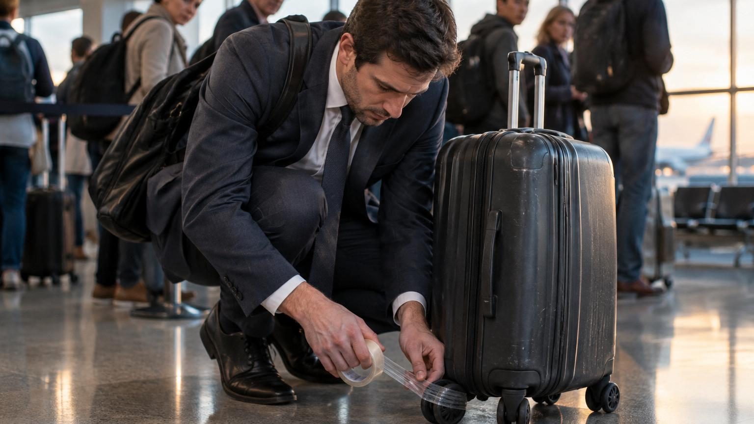 Il entoure les 4 roulettes de sa valise de ruban adhésif avant chaque vol : à l'arrivée, la différence saute aux yeux