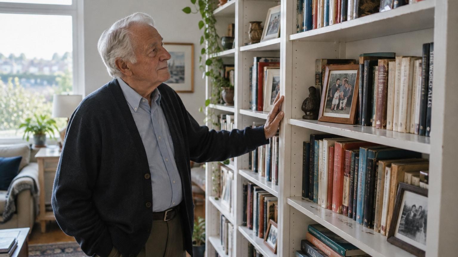 Gillis Lundgren devant une bibliothèque BILLY en bois clair, symbole de son design minimaliste scandinave