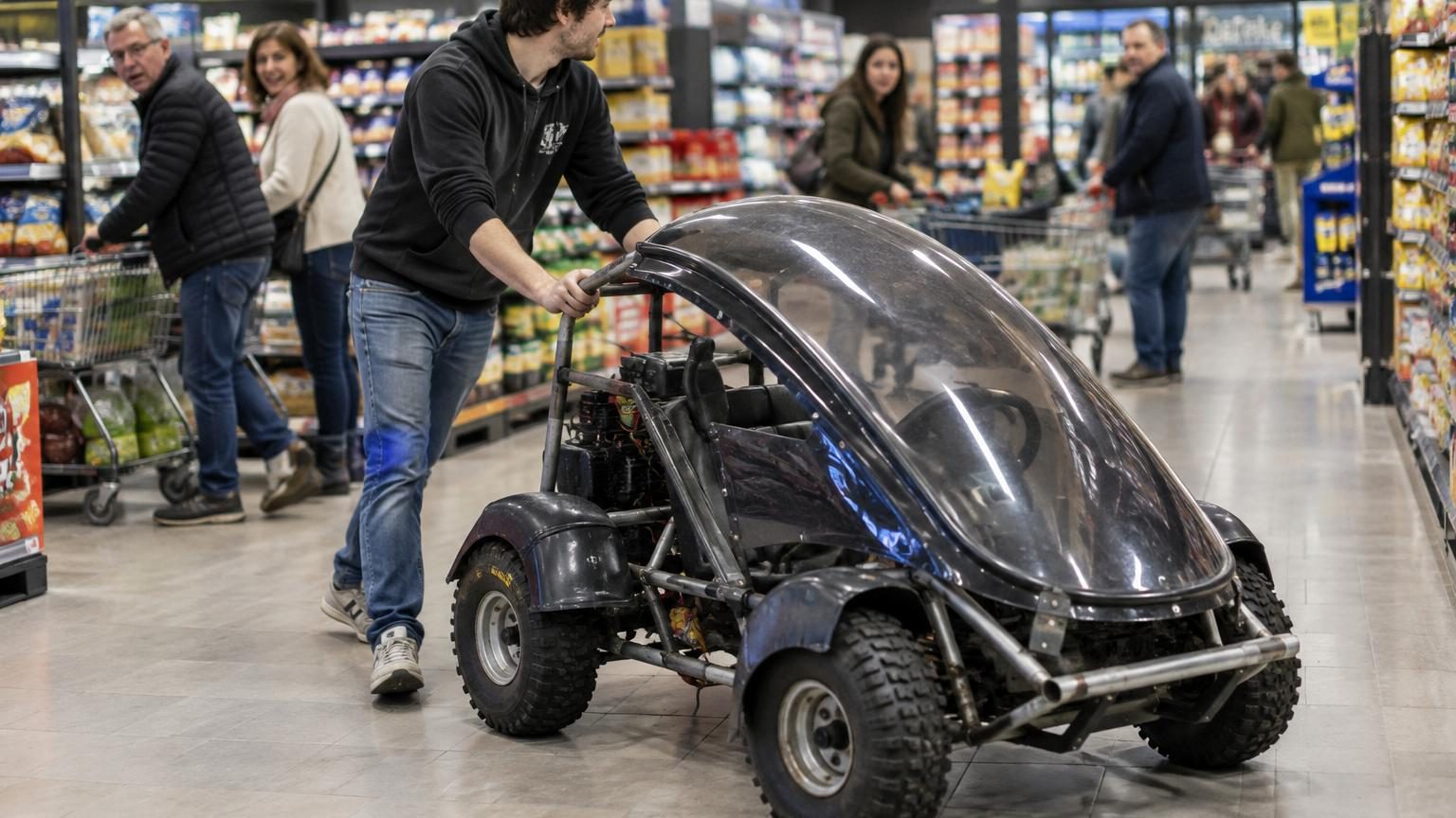 Il fabrique une micro-voiture de 75 km/h avec un kart et un toit de moto : il finit par la pousser dans les rayons d'un supermarché