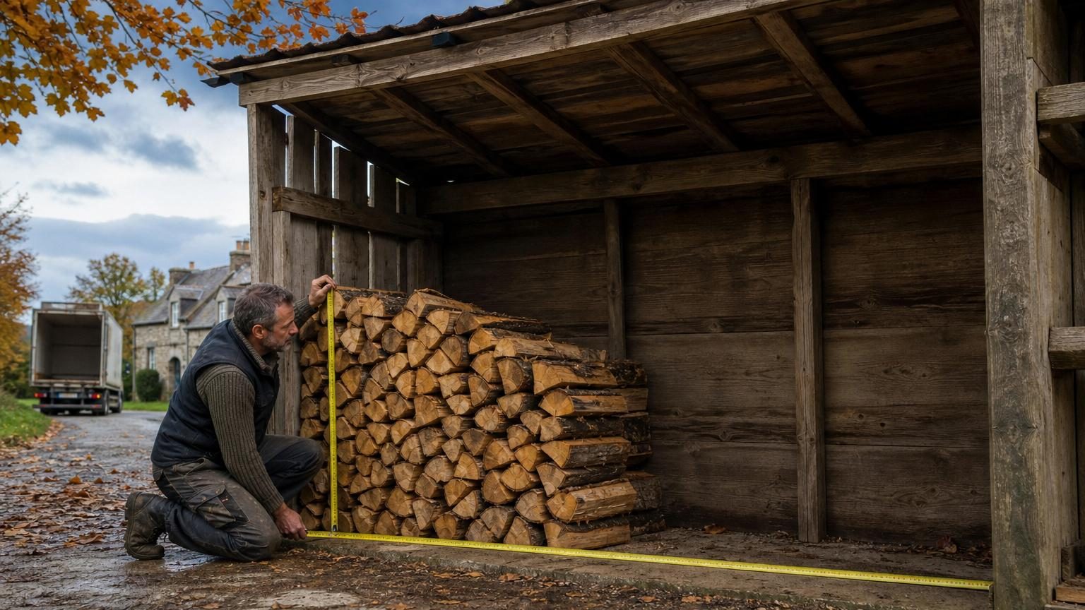 Un homme mesure un tas de bûches de bois empilées sous un abri, constatant que le volume apparent est inférieur aux stères commandés.