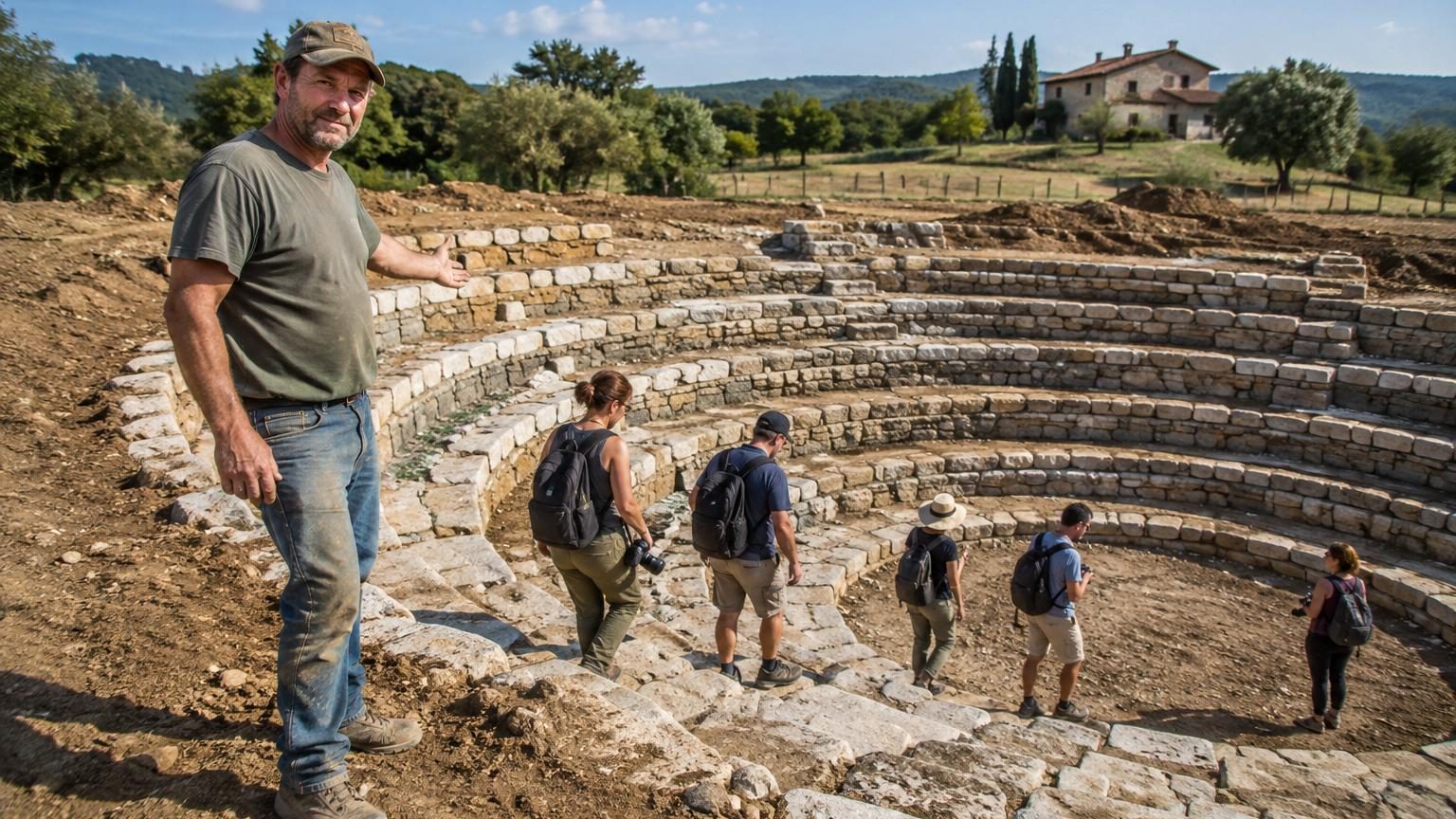 Un faux amphithéâtre théâtral construit sur une colline avec des gradins, des colonnes en ciment et des statues en plâtre, présenté comme un site archéologique grec antique.