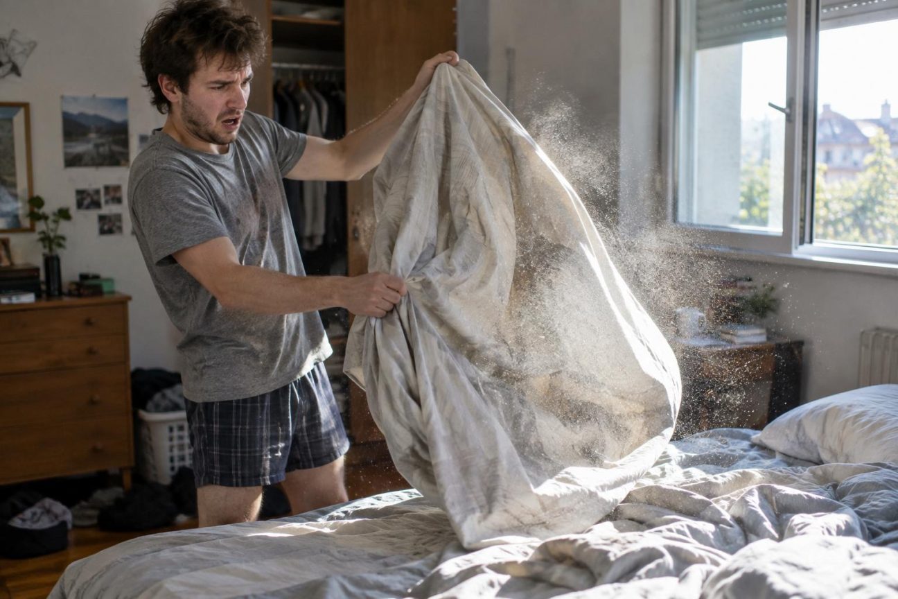 Un rayon de lumière du matin révèle un nuage de poussière grisâtre s'échappant d'une housse de couette secouée, illustrant l'accumulation invisible dans le linge de lit.