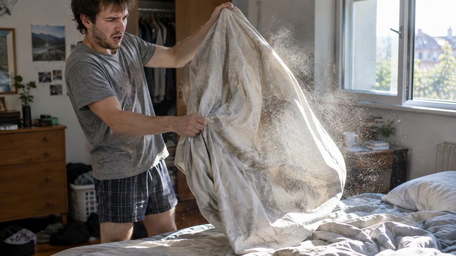 Un rayon de lumière du matin révèle un nuage de poussière grisâtre s'échappant d'une housse de couette secouée, illustrant l'accumulation invisible dans le linge de lit.