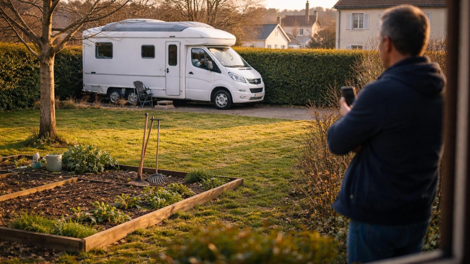 Camping-car blanc stationné au fond d'un jardin derrière une haie, partiellement visible de la voie publique, avec une terrasse improvisée