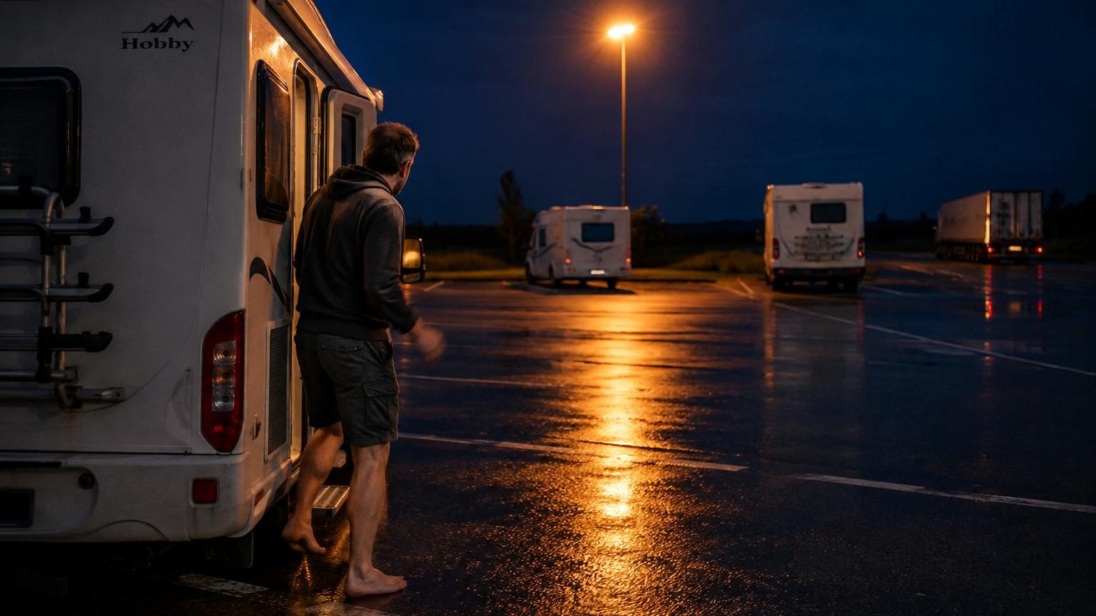 Camping-car garé seul sur une aire de service déserte la nuit, sous un lampadaire orangé, avec des arbres noirs en arrière-plan et un silence palpable