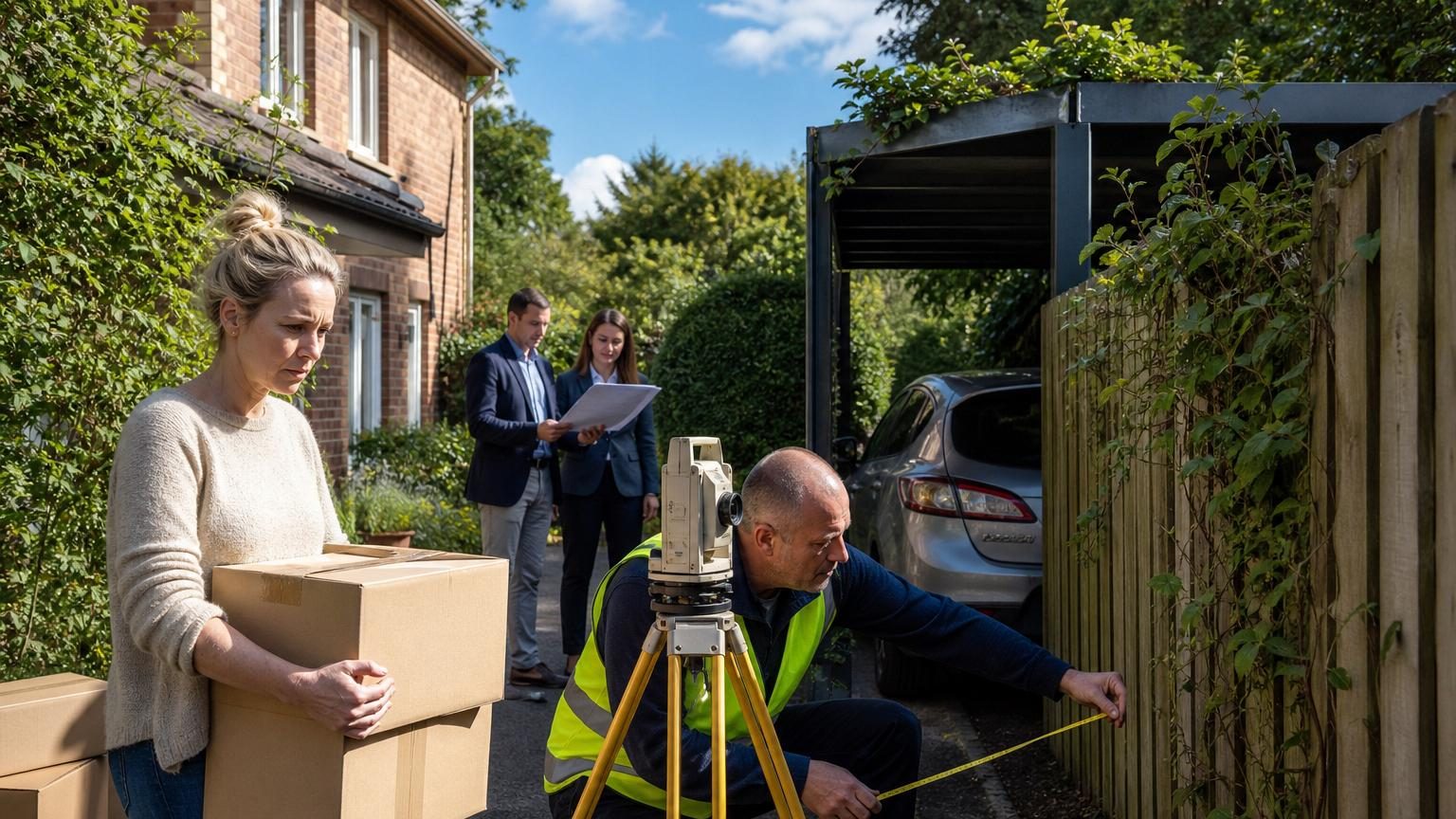 Un carport en aluminium ou bois adossé à une clôture, partiellement recouvert de verdure après plusieurs années, illustrant une installation devenue invisible au fil du temps mais qui resurgit lors d'une transaction immobilière.