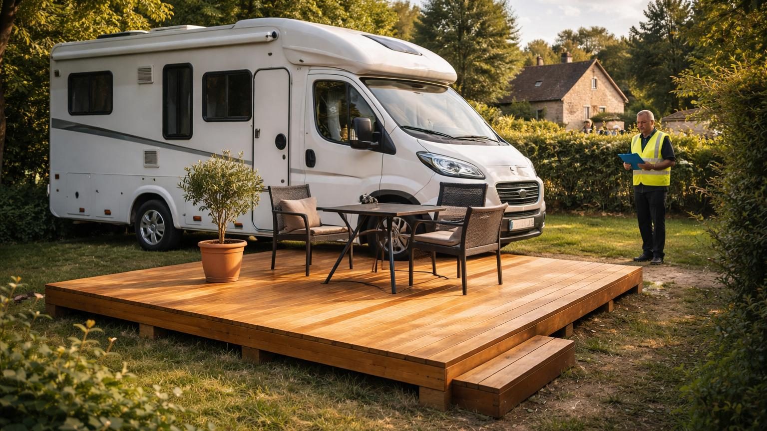 Un camping-car stationné sur un terrain privé avec une terrasse en bois installée devant, donnant l'apparence d'une petite habitation fixe.