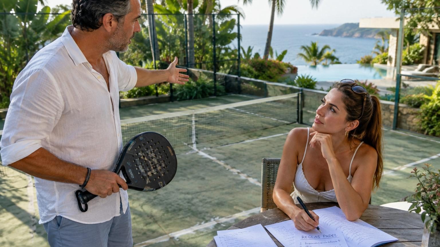 Un couple partage un moment sur un court de padel fermé de 20 mètres sur 10, entouré de murs blancs, avec vue sur l'océan Pacifique à Acapulco en arrière-plan.