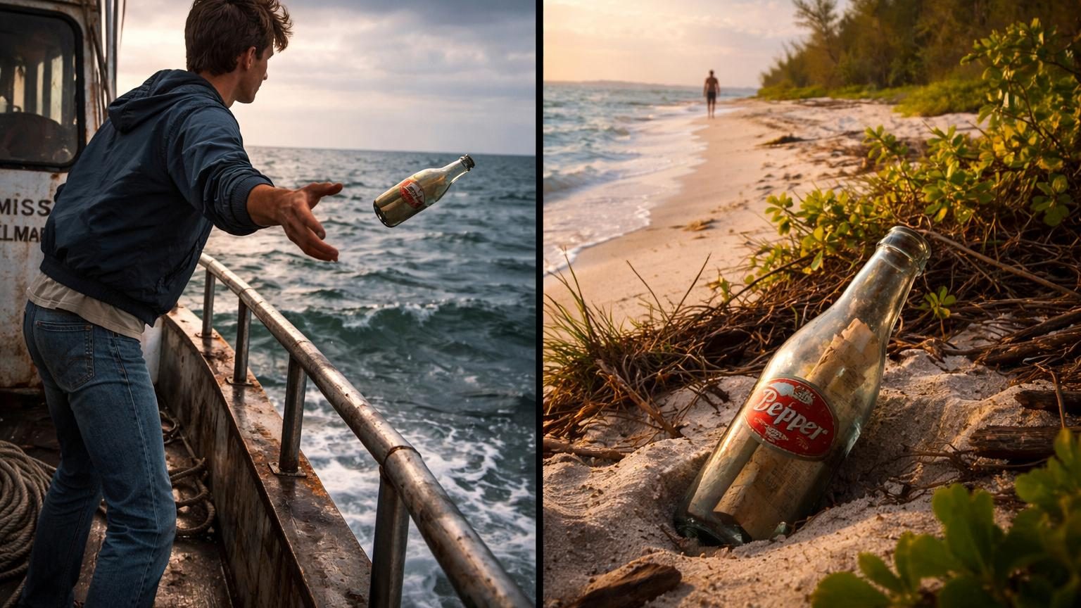 Une vieille bouteille en verre avec l'étiquette « Dr Pepper » contenant un message roulé, retrouvée sur une plage isolée des Bahamas après plus de 50 ans en mer.