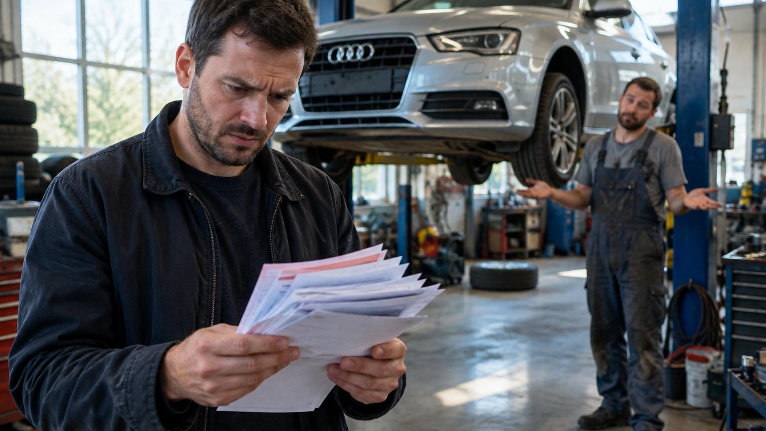 Une Audi grise stationnée dans un atelier automobile avec des documents d'amende éparpillés sur le capot, symbolisant l'accumulation d'infractions.