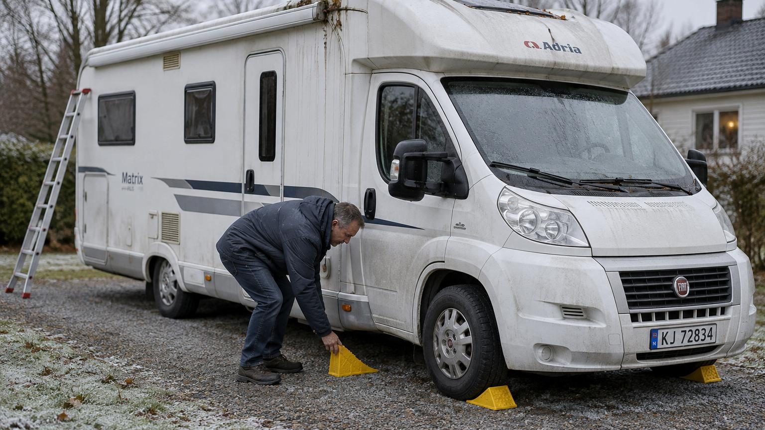 Camping-car positionné légèrement en pente pour l'hivernage, avec des cales visibles sous les roues avant et arrière.