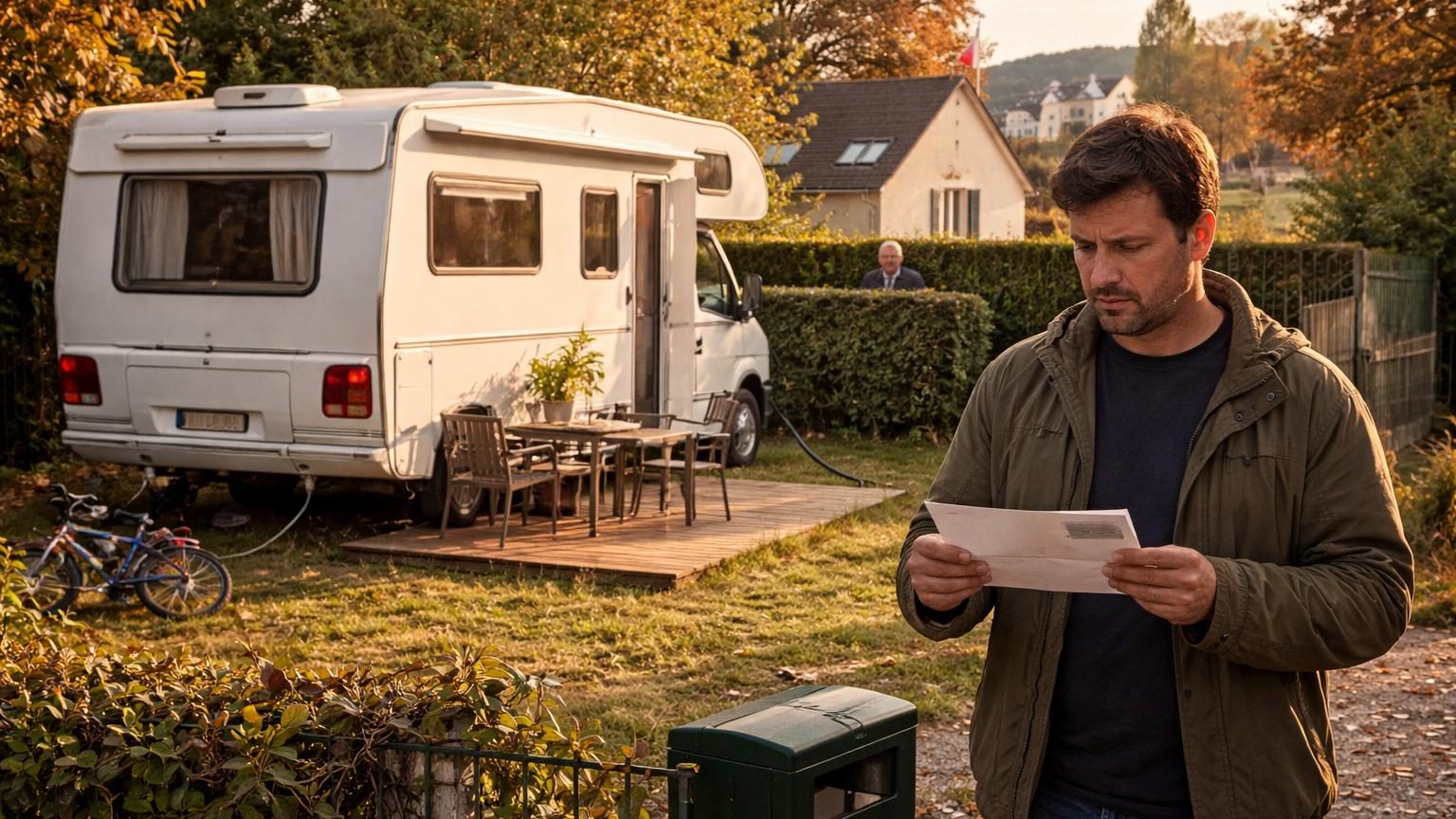 Un camping-car blanc stationné depuis plusieurs mois dans un jardin privatif, avec des volets de maison visibles à proximité