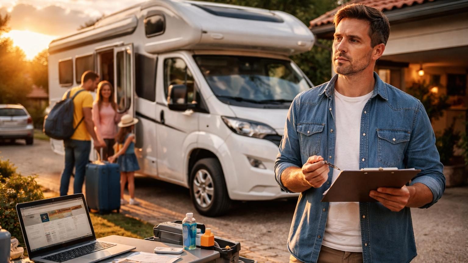 Un camping-car blanc stationné en allée résidentielle, représentant un véhicule de loisir inactif, avec des panneaux de clés et un calendrier en arrière-plan symbolisant la location saisonnière.