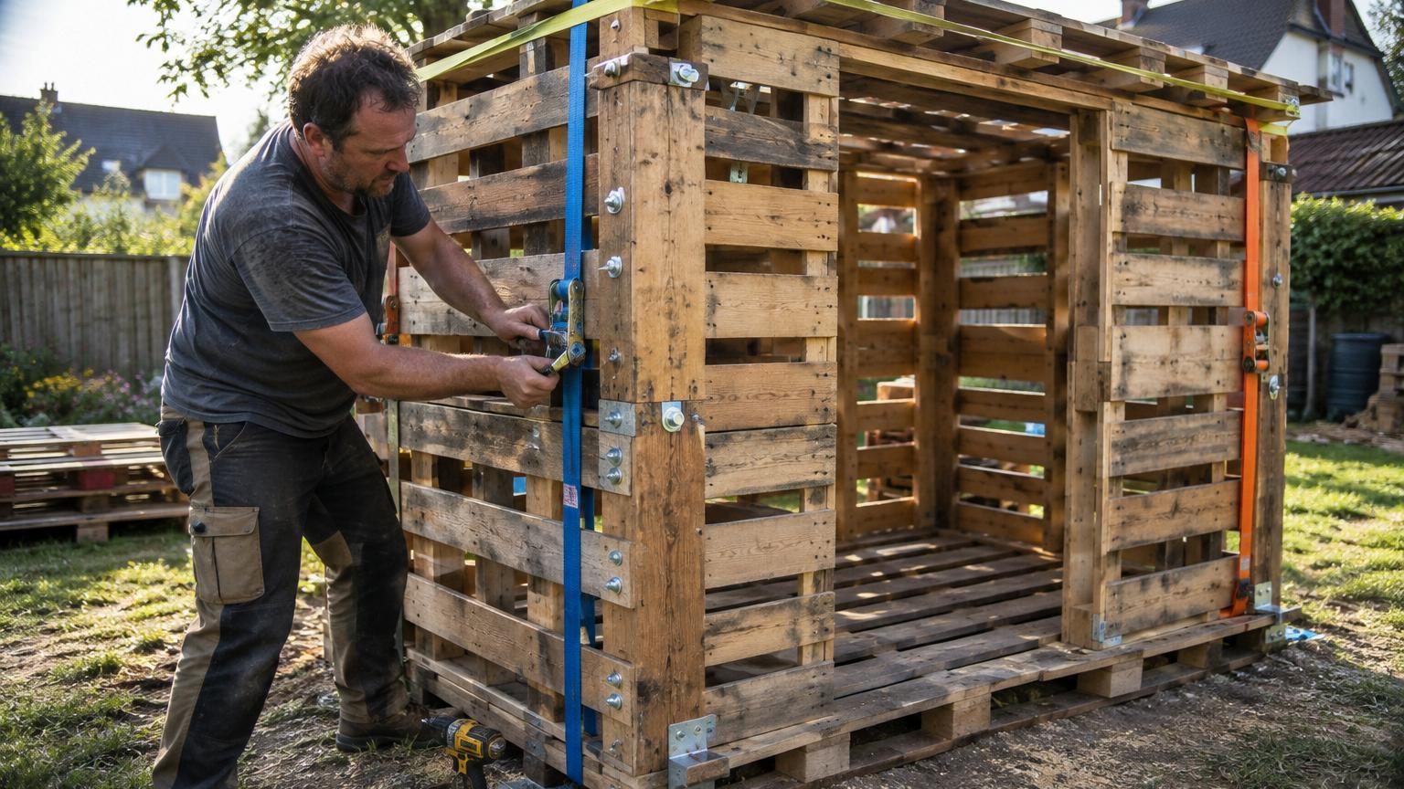 Cabane en bois construite à partir de palettes empilées et assemblées par des sangles, sans clous visibles, dans un jardin.
