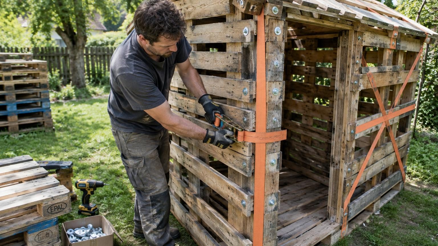 Cabane en palettes carrée avec toit en tôle ondulée, assemblée par sangles colorées et boulons, reposant sur un sol nivelé dans un petit jardin.