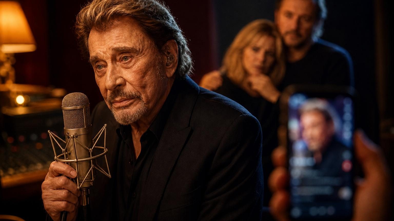 Portrait du chanteur Renaud sur scène, micro à la main, avec une expression concentrée.